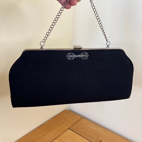 Black Fabric Clutch Purse w/ Silver-tone Decoration Vintage Chain Strap Handbag - Picture 1 of 9